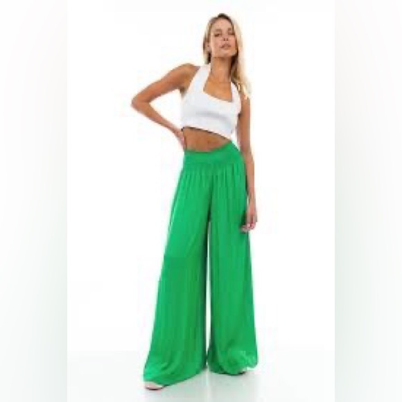 Venti6 Pants - VENTI6 Vibrant kelly green silk blend wide leg palazzo pants size S